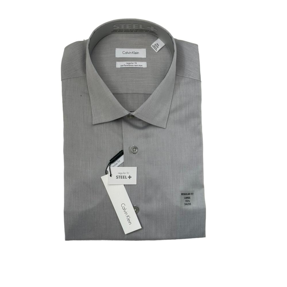 Calvin Klein Steel + High Tech Non-Iron Regular Fit 16 1/2 34/35  GRAY New